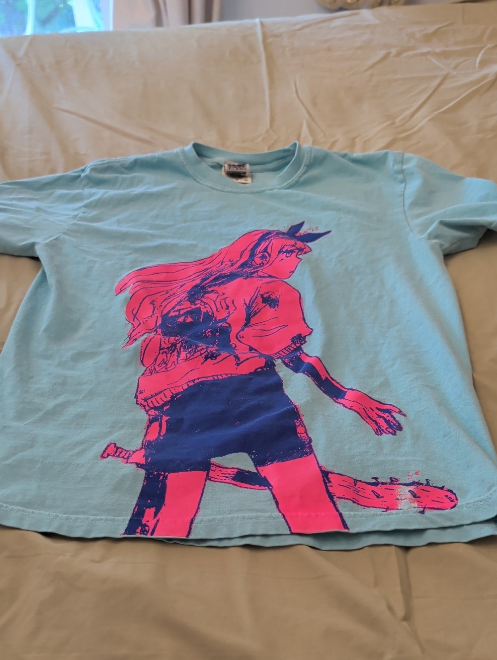 Men's Comfort Colors Light Blue Short Sleeve Tee with Pink & Navy Anime Graphic